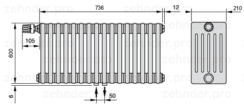 Схема (чертеж) Радиатор Zehnder Charleston 6060/16 №V007 Белый глянцевый RAL 9016